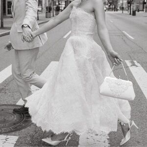 Bespoke White Lace Midi Dress with Scalloped Hem